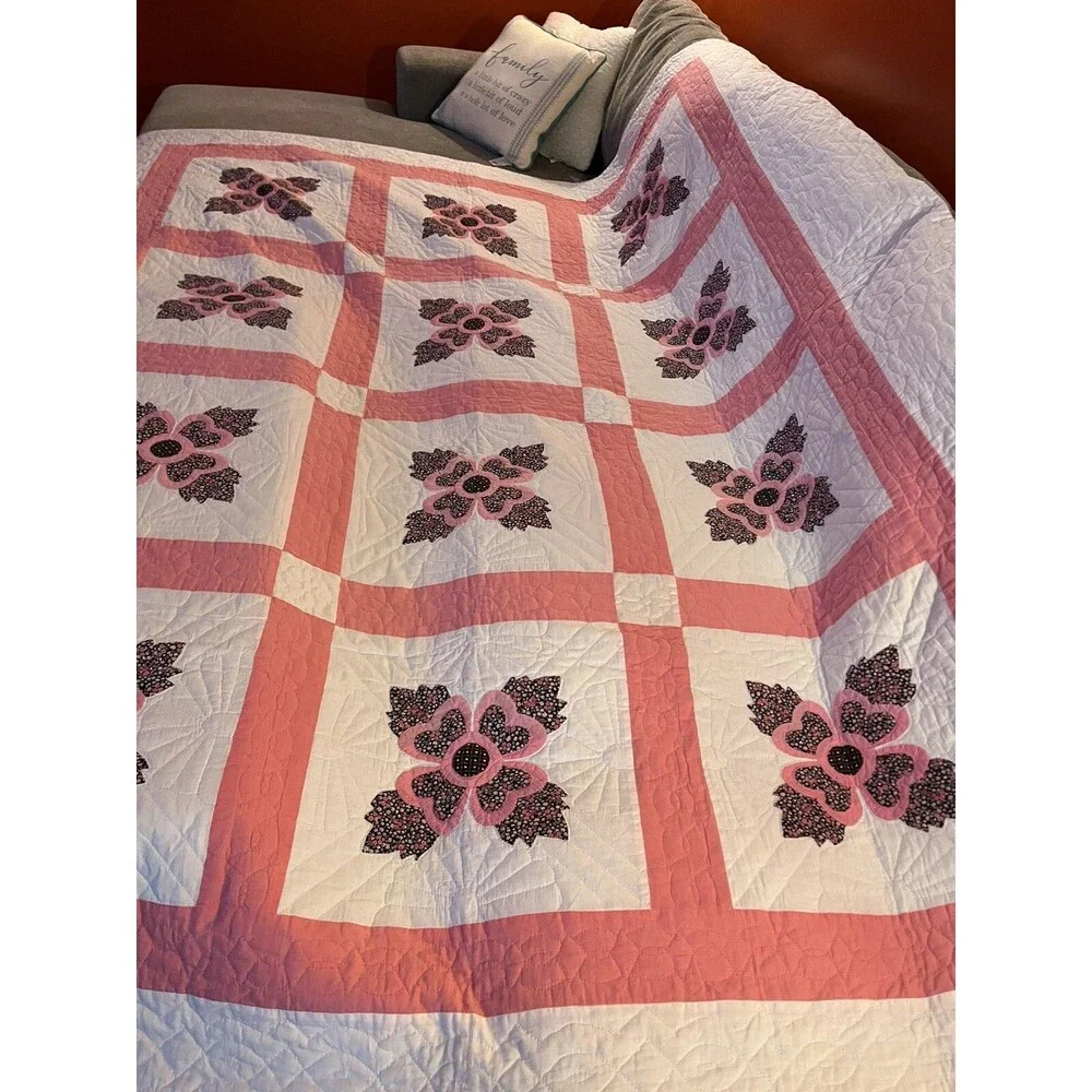 Vintage Hand Sewn Appliqué Quilt Rose Flowers 80x96” Not Used, Not Washed